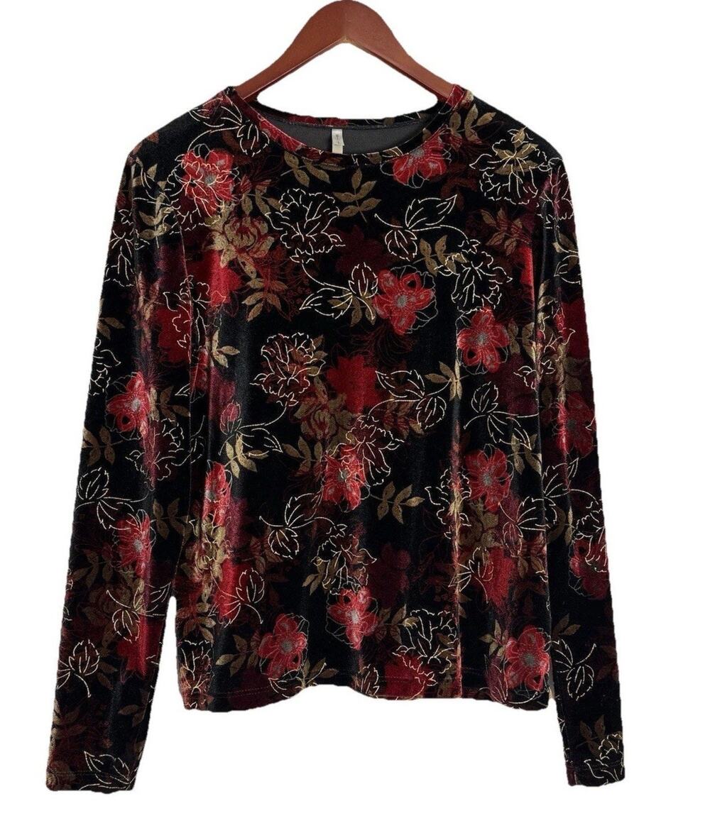 White Stag Large Velvet Top Black Red Gold Metallic Floral LS Whimsigoth